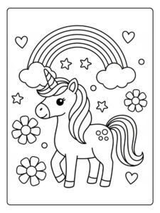 Ausmalbild Einhorn Regenbogen mit Blumen