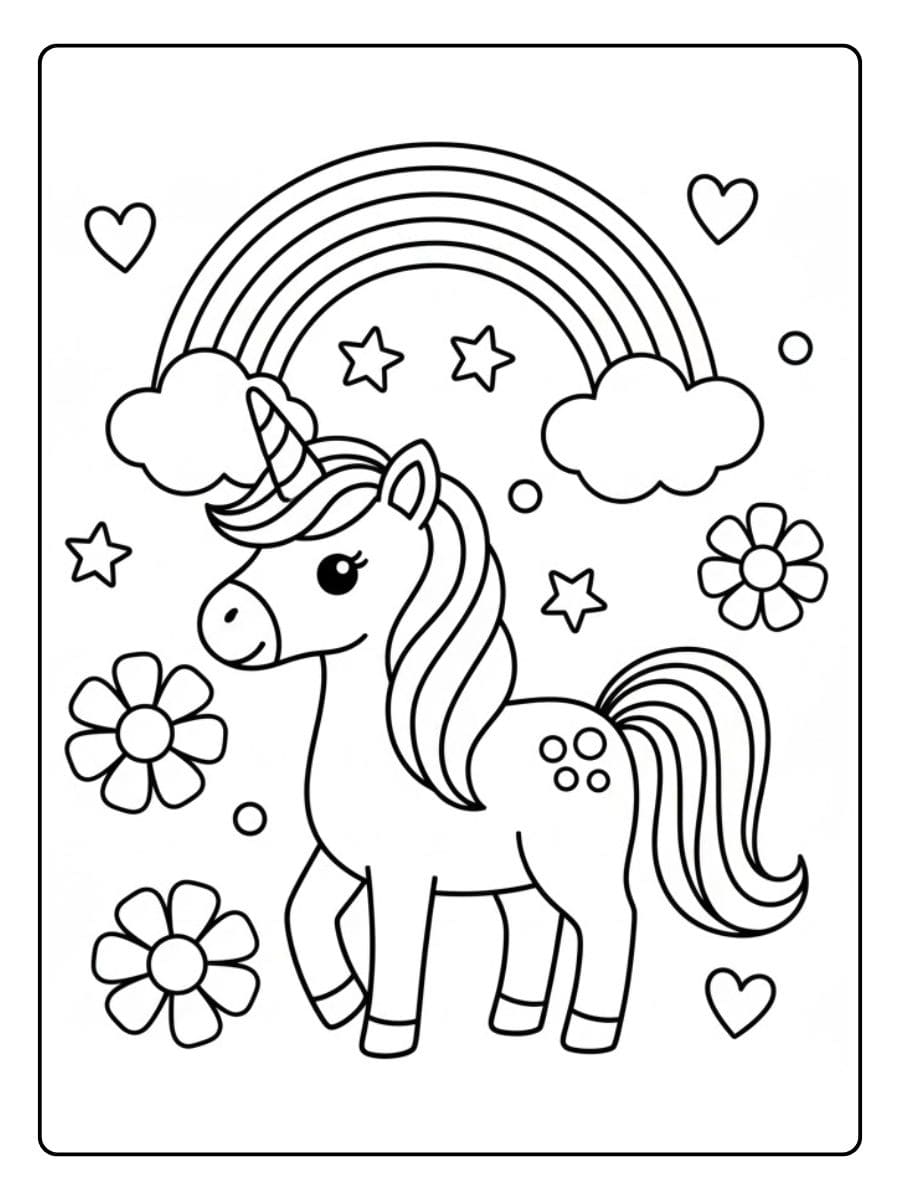 Ausmalbild Einhorn Regenbogen mit Blumen