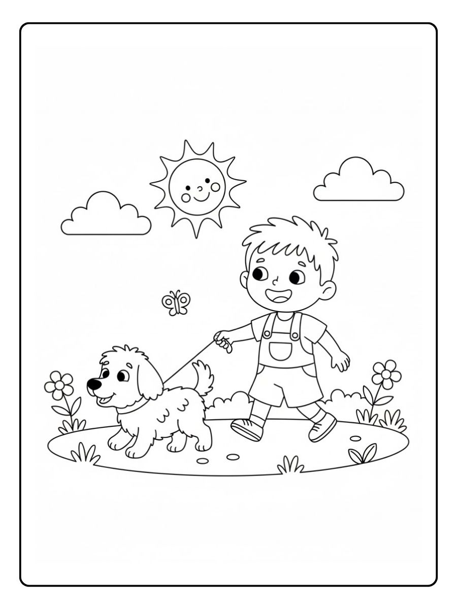 Ausmalbild Hund beim Spazieren