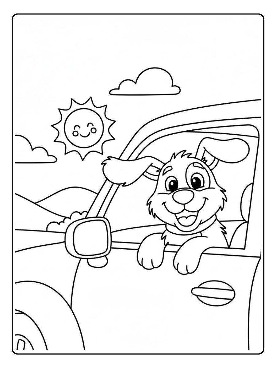 Ausmalbild Hund im Auto