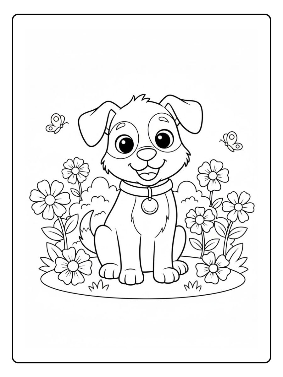 Ausmalbild Hund im Garten