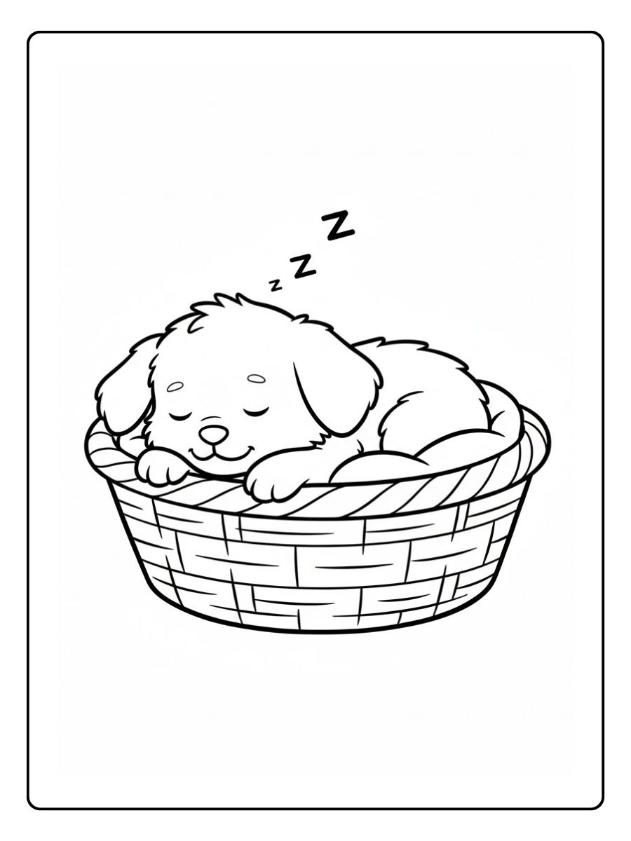 Ausmalbild Hund im Korb