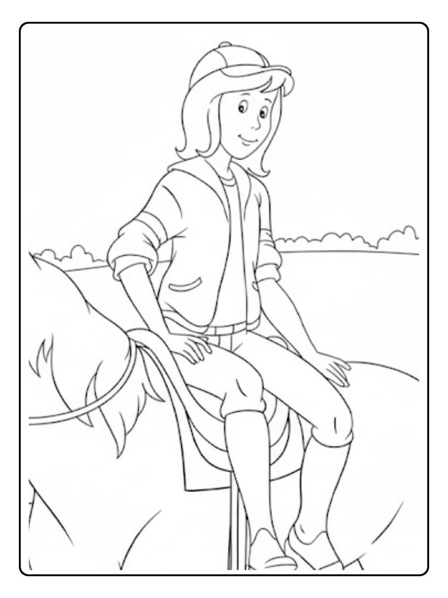 Bibi und Tina seitlich auf dem Pferd Ausmalbilder