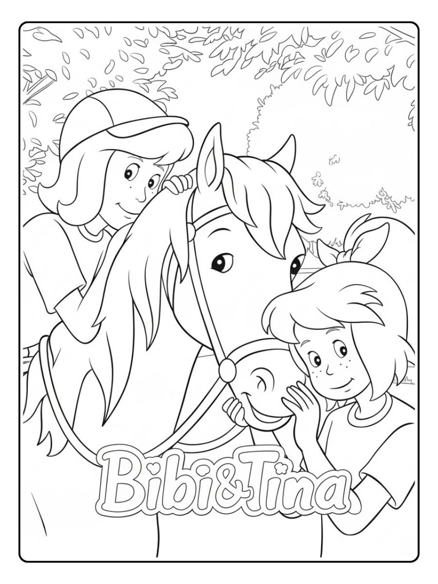 Bibi und Tina streicheln Pferd Ausmalbilder