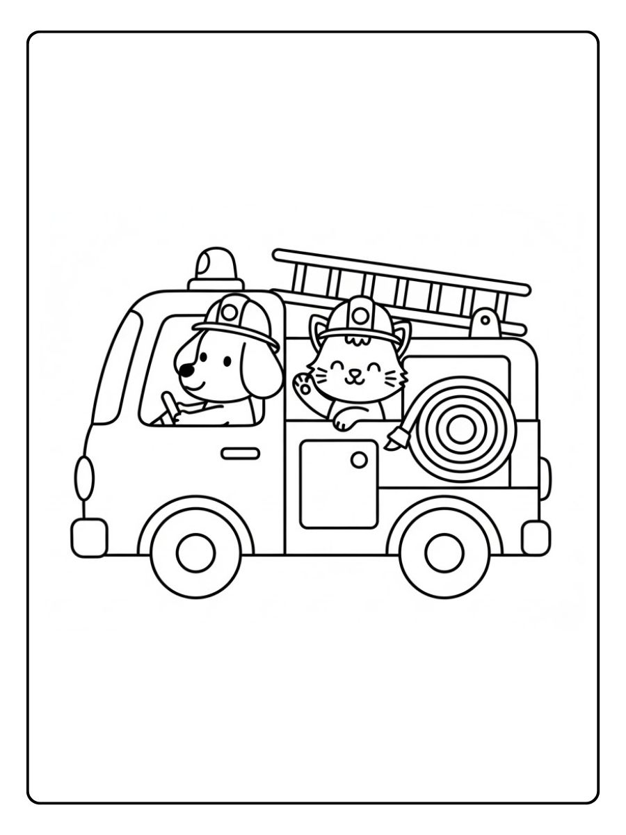 Feuerwehr Tiere im Feuerwehrauto Ausmalbild