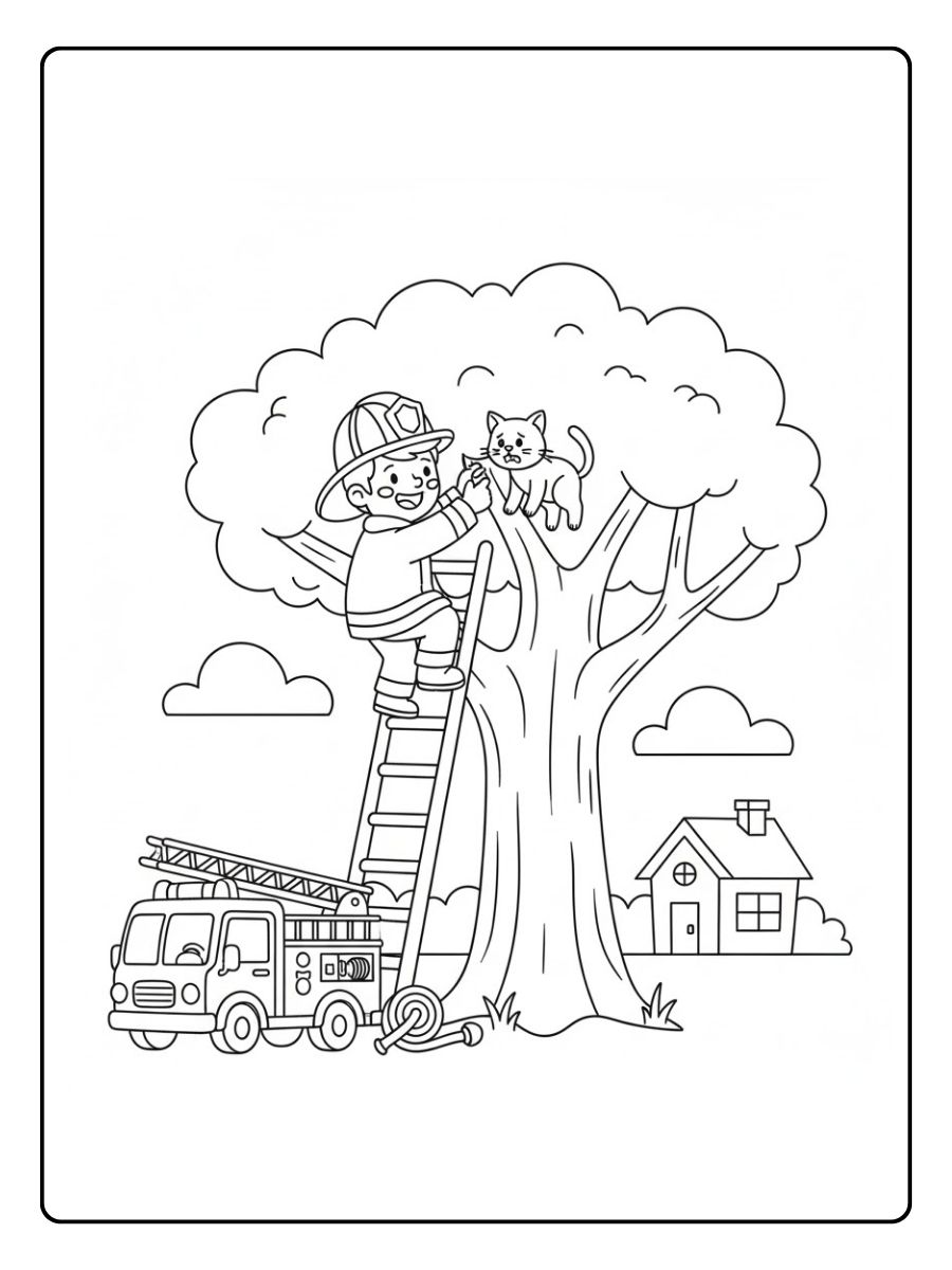 Feuerwehrmann rettet Katze Ausmalbild