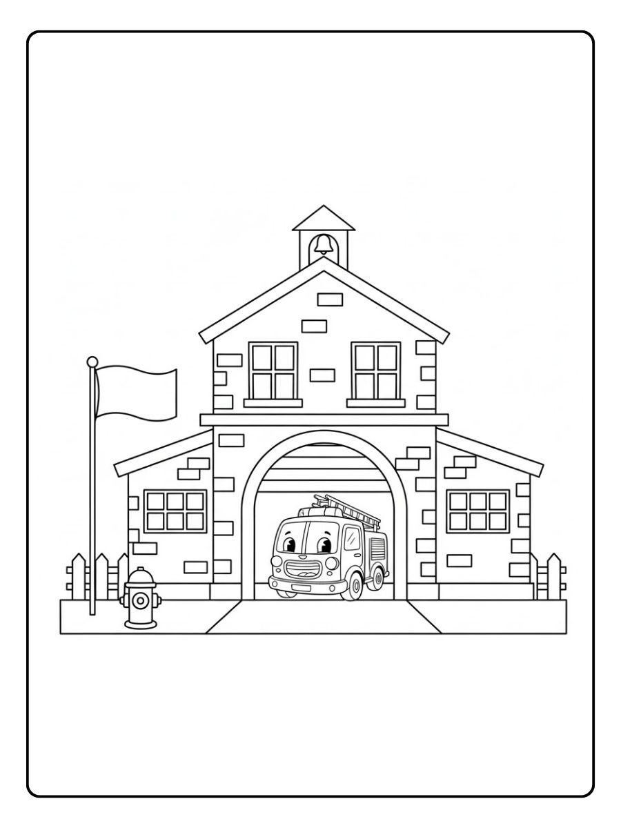 Feuerwehrstation mit Feuerwehrauto Ausmalbild