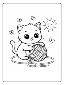 Kätzchen mit Wollknäuel Ausmalbild Katze