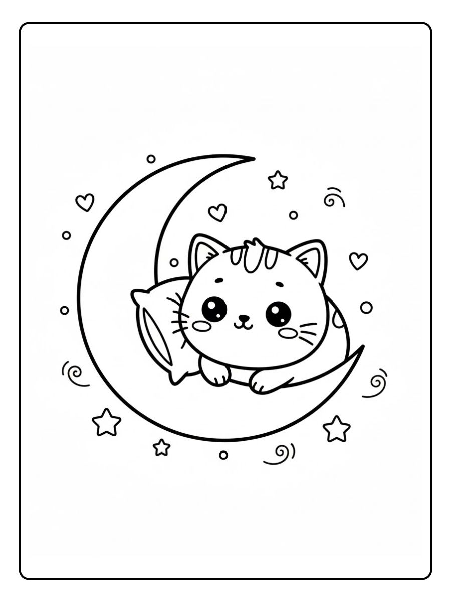Kawaii Ausmalbilder Katzen auf dem Mond