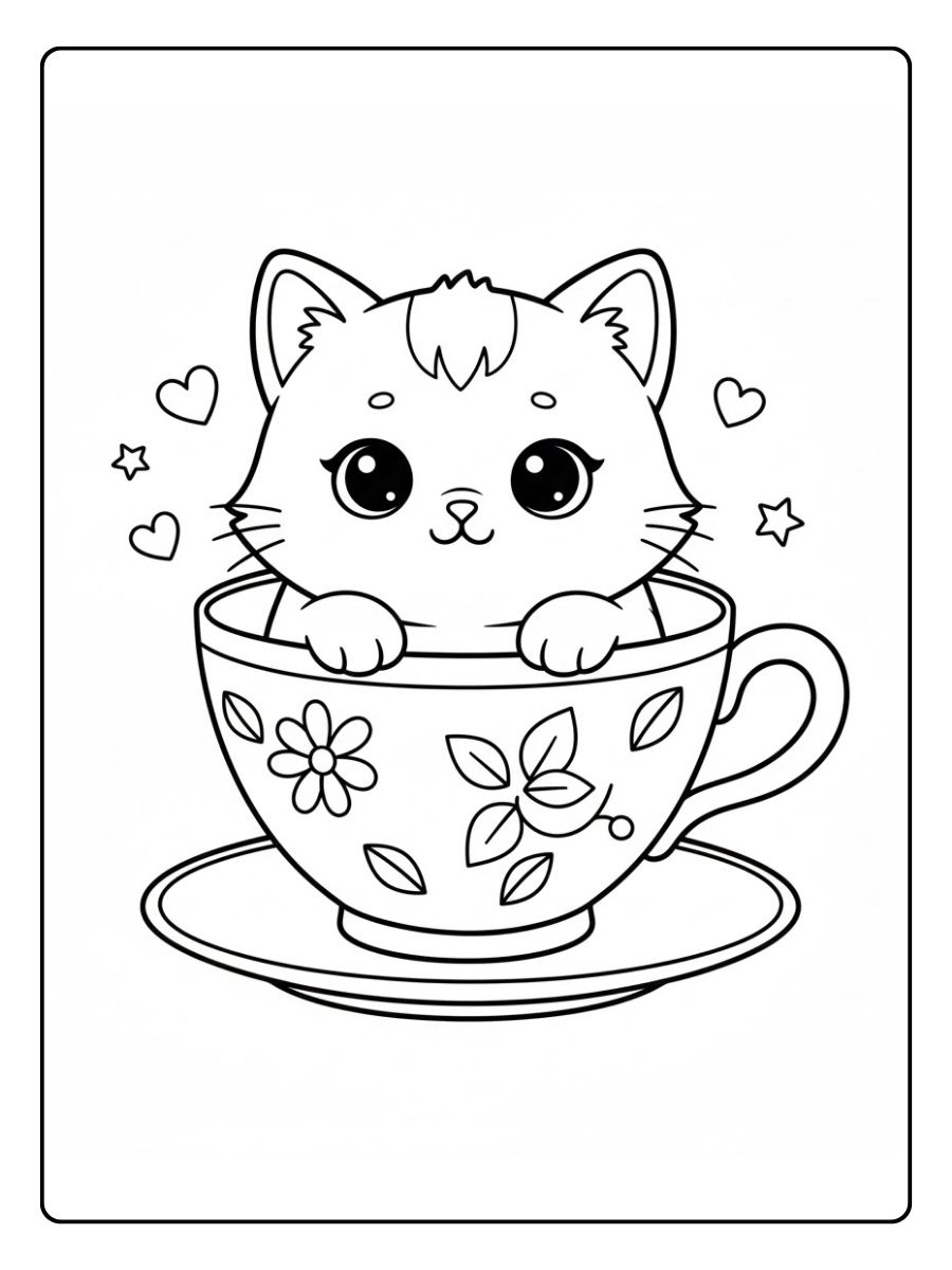 Kawaii Ausmalbilder Katzen in Tasse