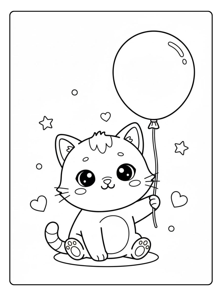 Kawaii Ausmalbilder Katzen mit Ballon