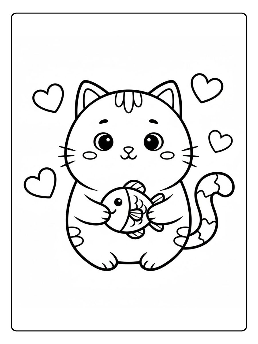 Kawaii Ausmalbilder Katzen mit Fisch
