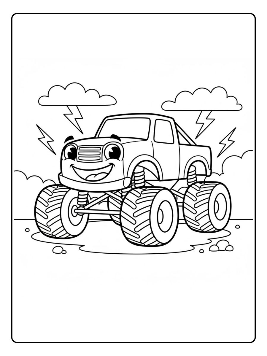 Monstertruck Ausmalbild mit Donnerwolken