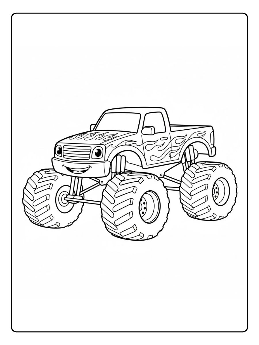 Monstertruck Ausmalbild mit Flammenmuster