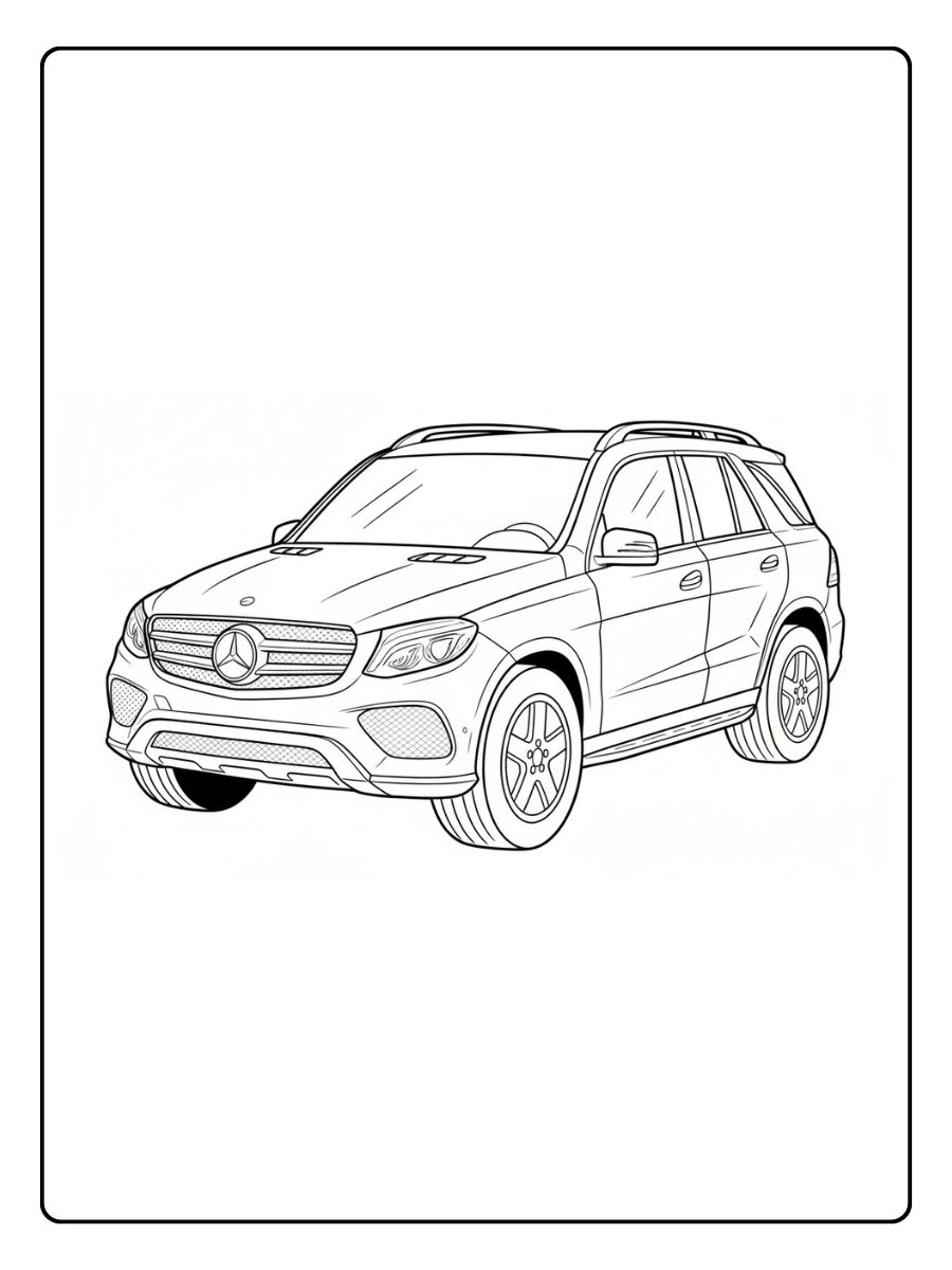 Prompt Ein einfaches Schwarz Weiß Ausmalbild eines Mercedes SUV für Kinder, klare Linien, keine Farben, kindgerechter Stil, cartoonartig aber realistisch proportioniert, geeignet zum Ausdrucken un