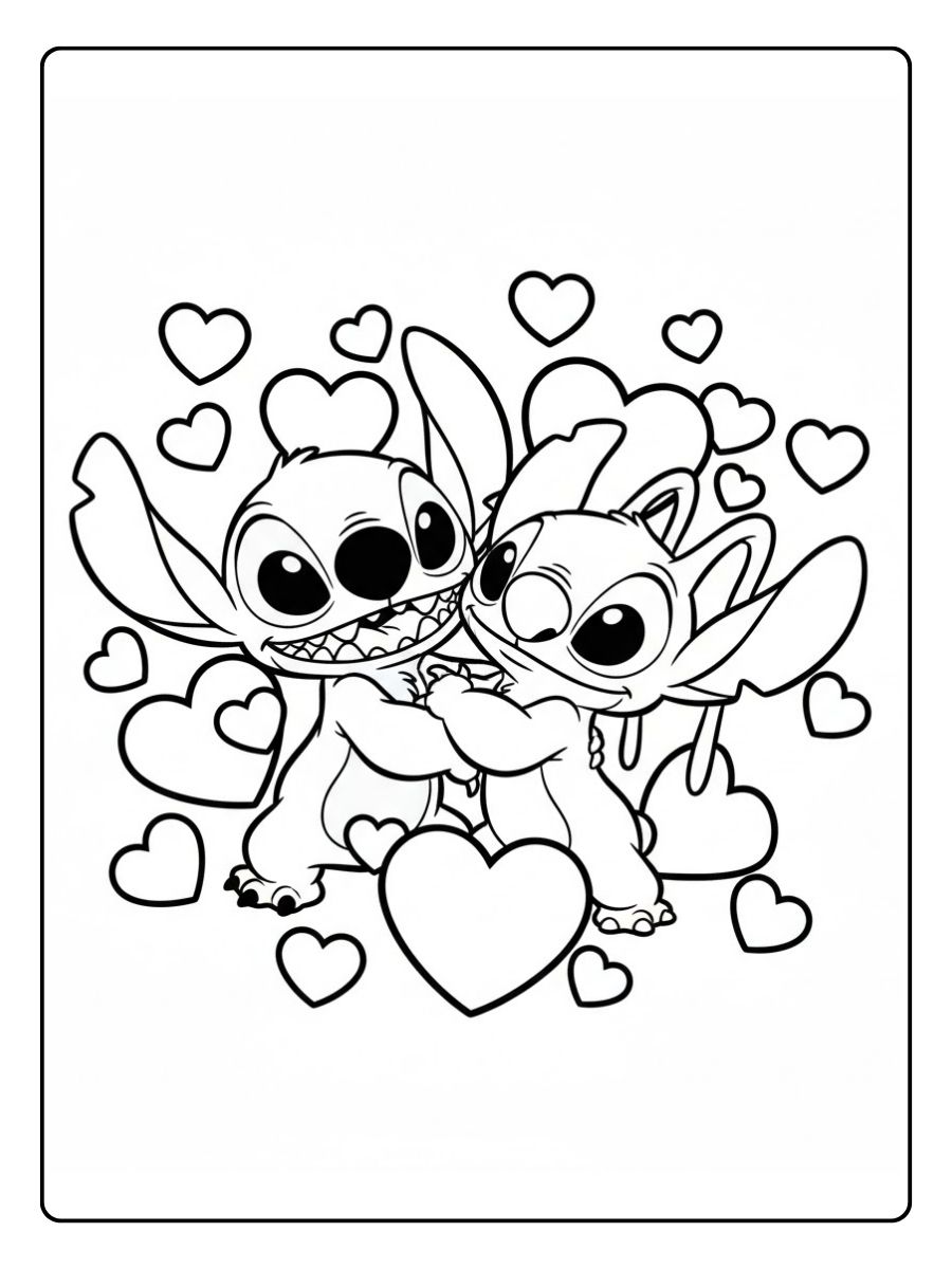 Stitch und Angel Herzen Ausmalbild