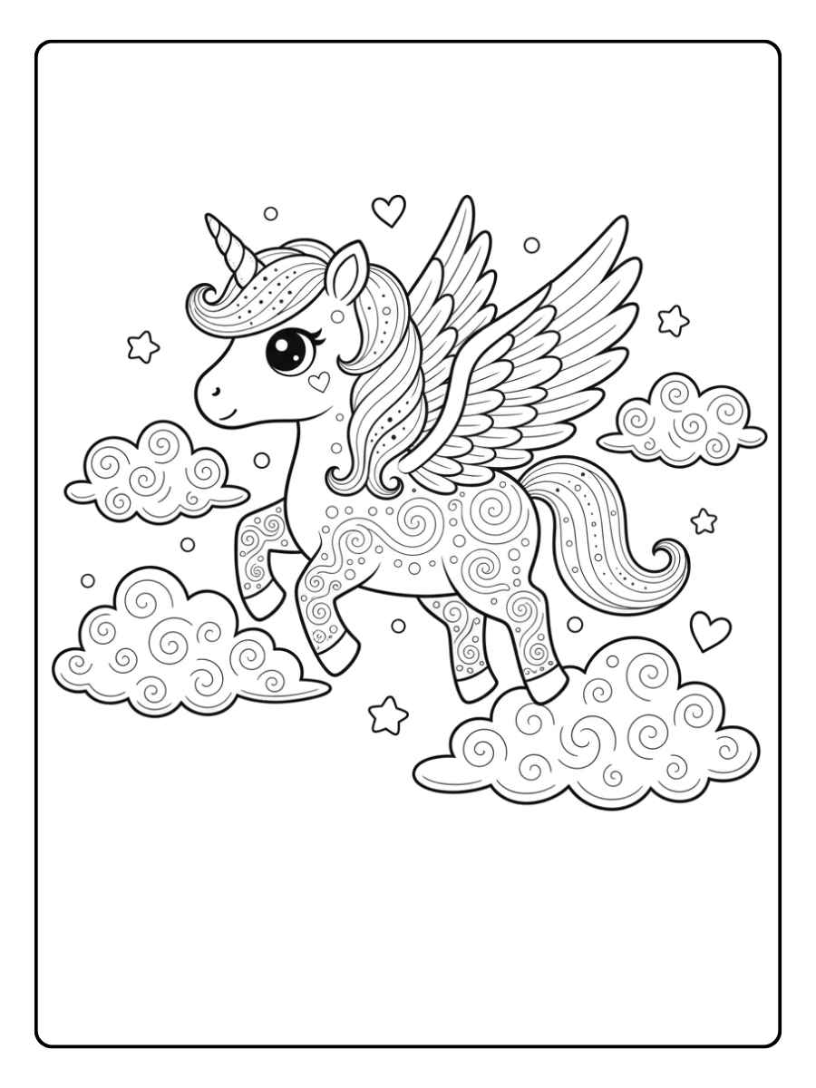 ausmalbild baby einhorn beim fliegen