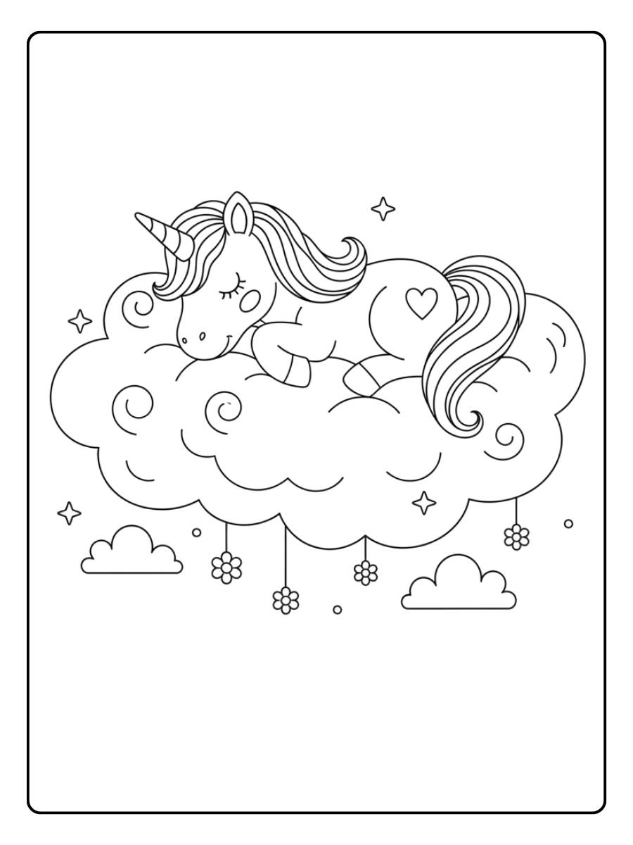ausmalbild baby einhorn beim schlafen auf einer wolke