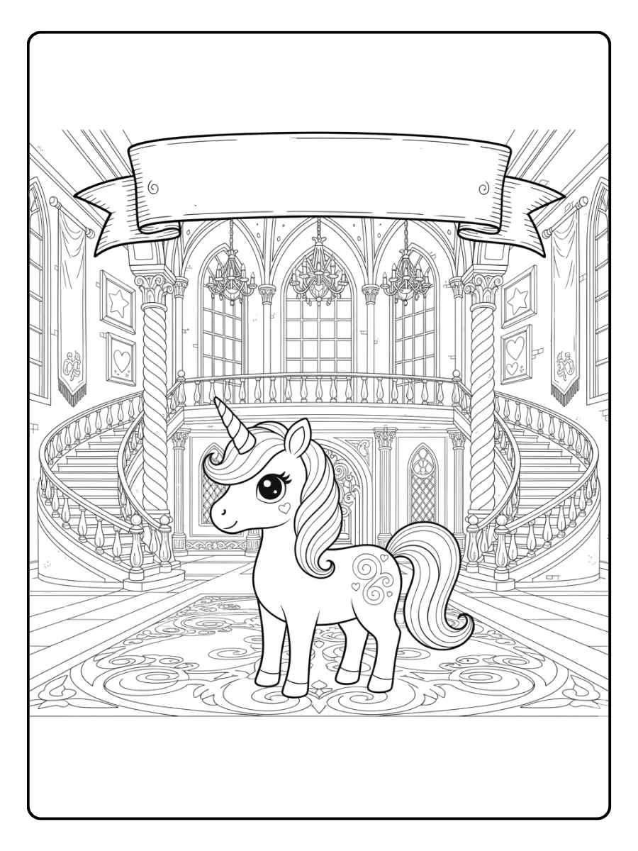 ausmalbild baby einhorn im märchenschloss