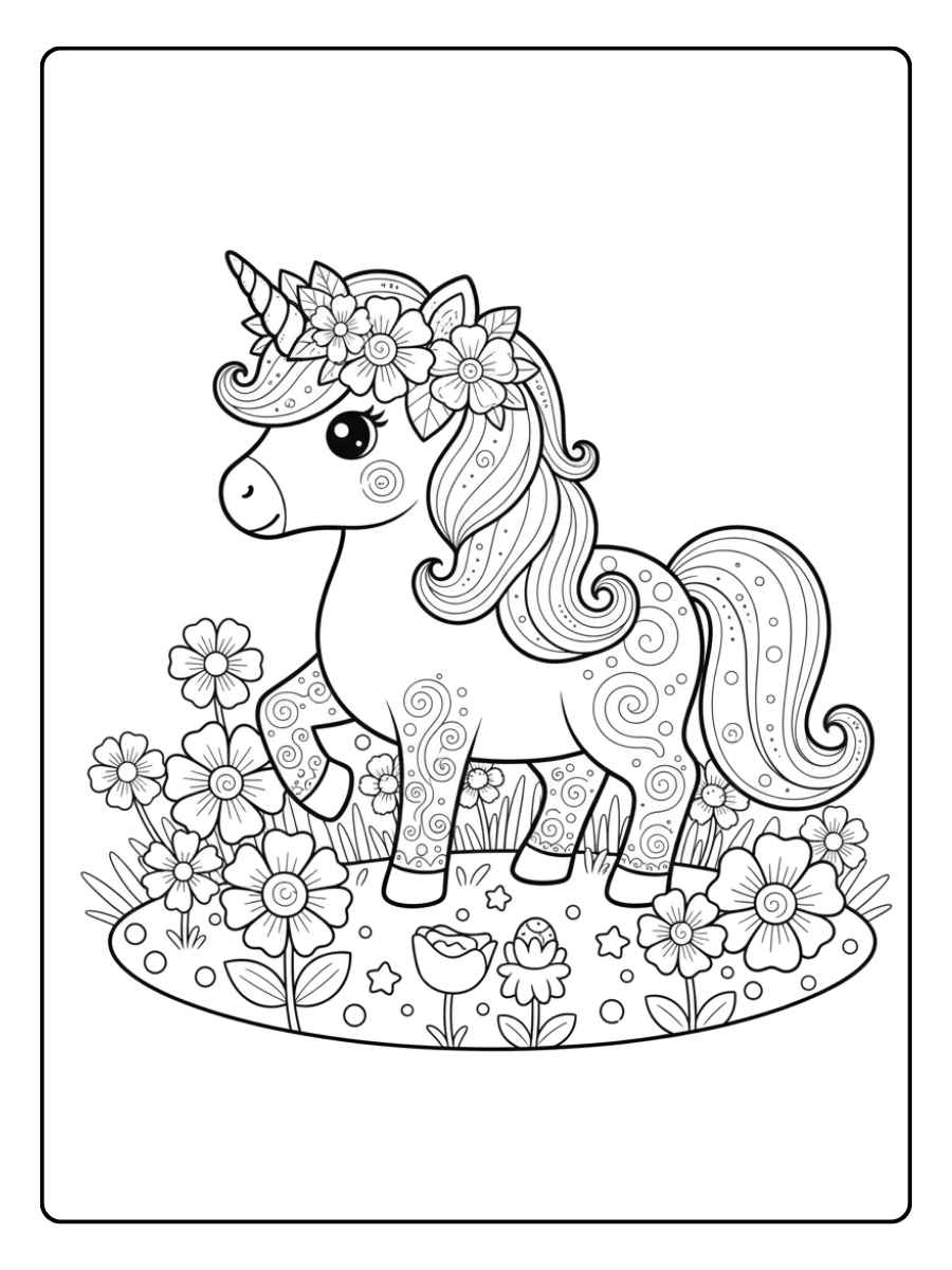 ausmalbild baby einhorn mit blumenkranz