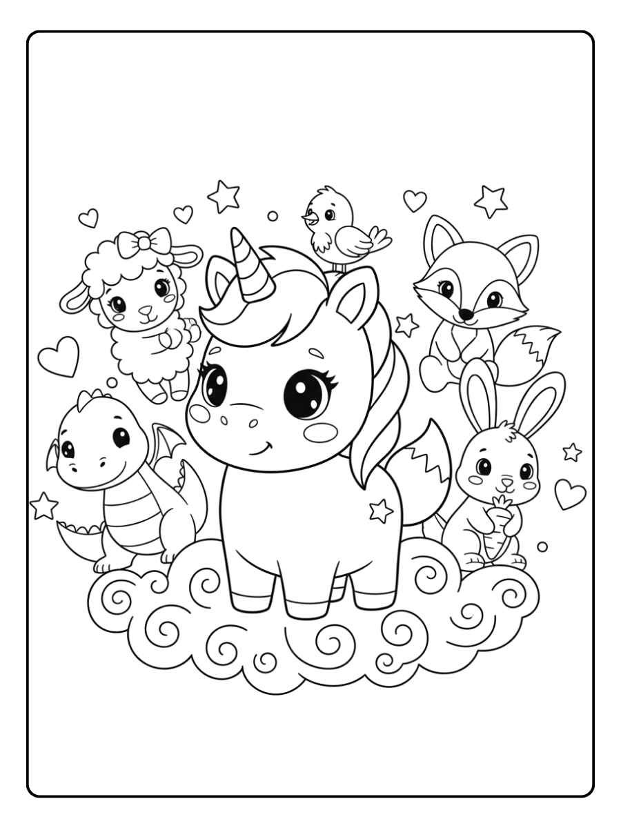 ausmalbild baby einhorn mit freunden