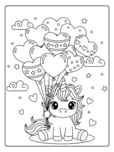 ausmalbild baby einhorn mit herzballons