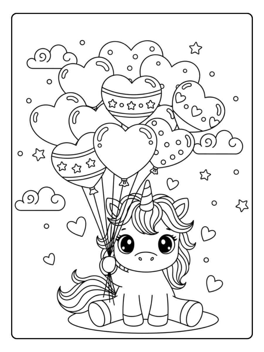 ausmalbild baby einhorn mit herzballons