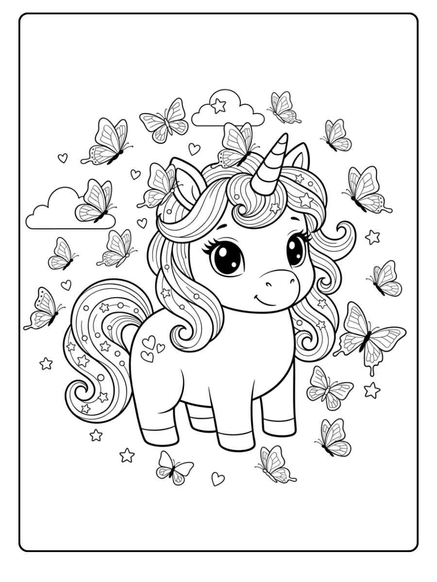 ausmalbild baby einhorn mit schmetterlingen