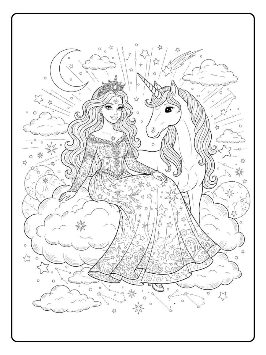 ausmalbild einhorn prinzessin auf wolken