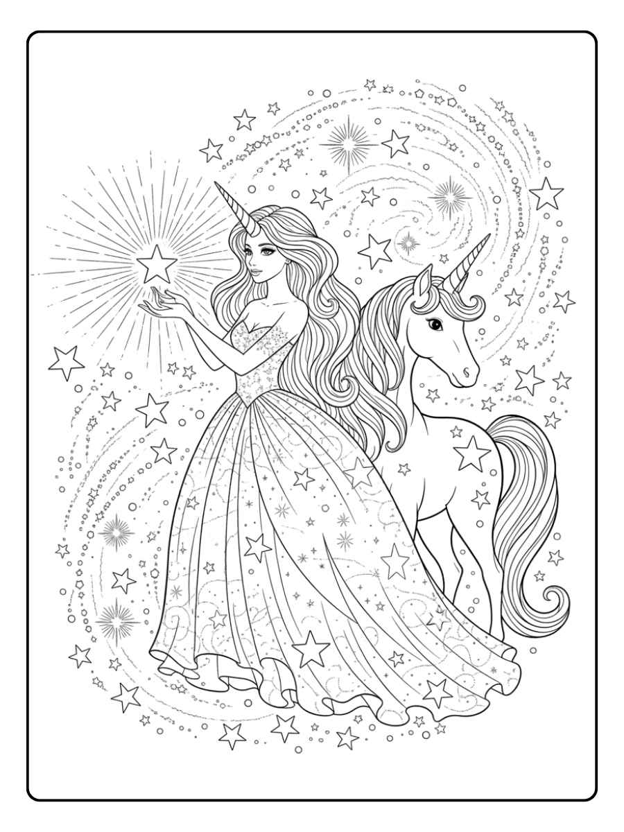 ausmalbild einhorn prinzessin beim regenbogen