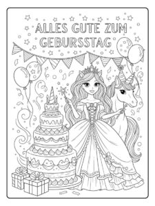 ausmalbild einhorn prinzessin feiert geburtstag