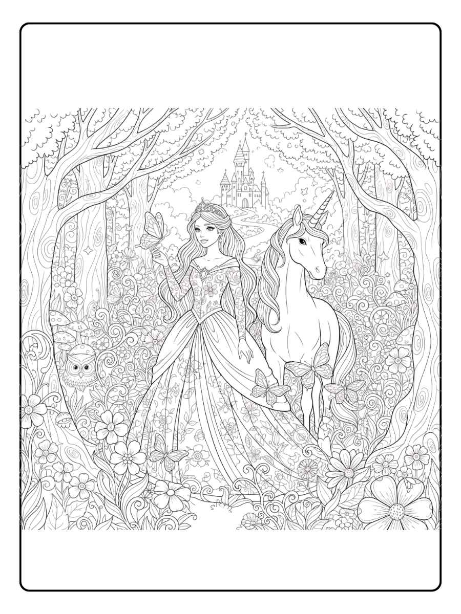 ausmalbild einhorn prinzessin im märchenwald