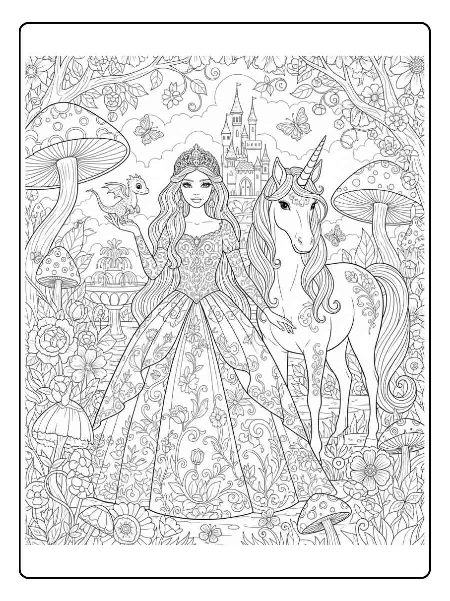 ausmalbild einhorn prinzessin im zaubergarten
