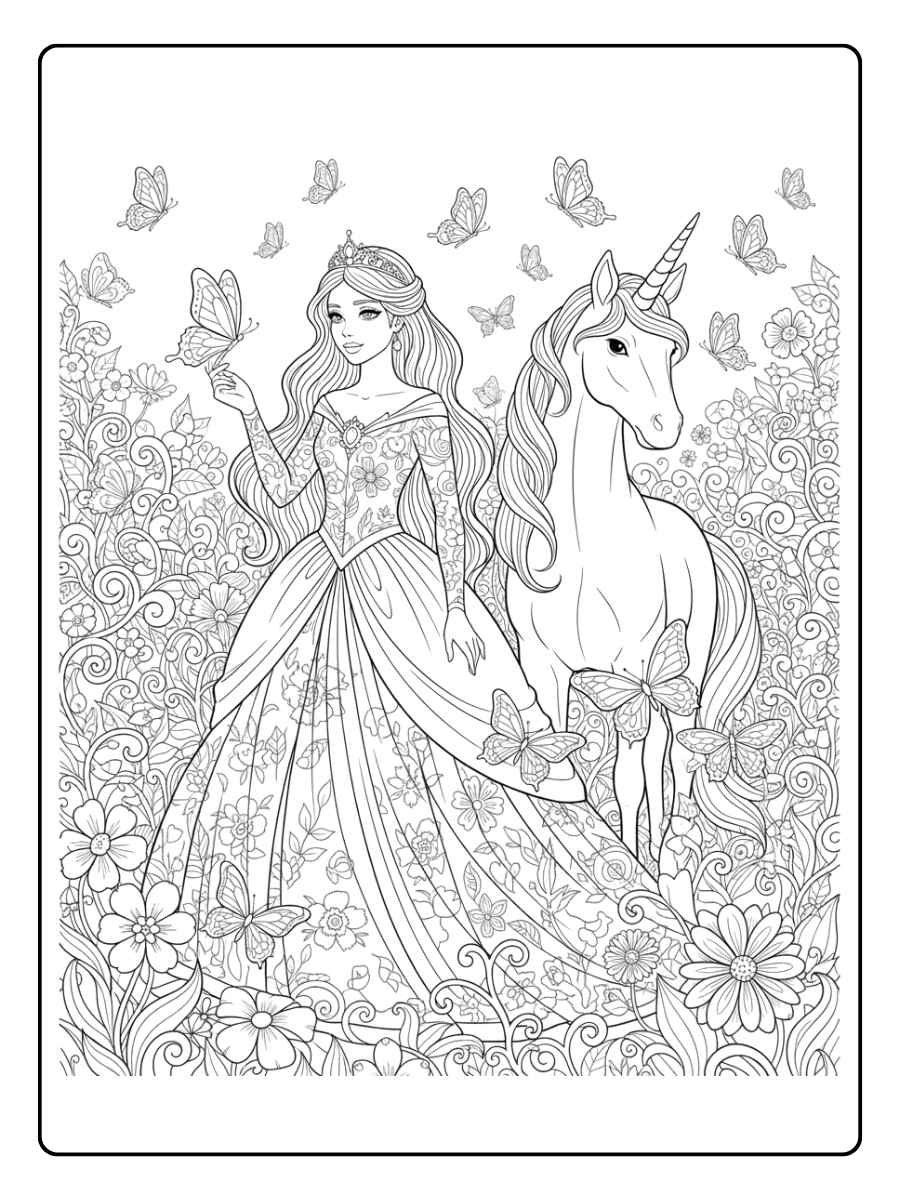ausmalbild einhorn prinzessin mit schmetterlingen