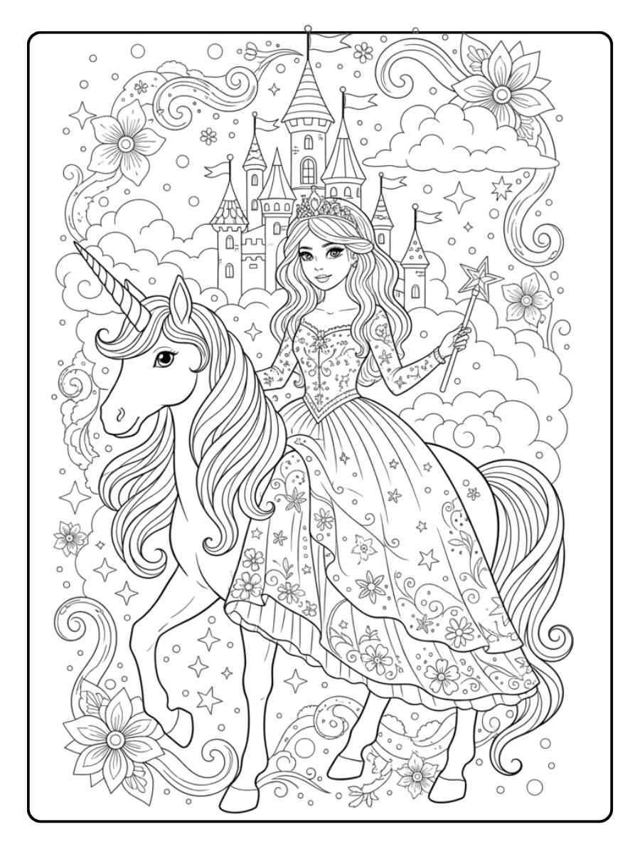 ausmalbild einhorn prinzessin mit zauberstab