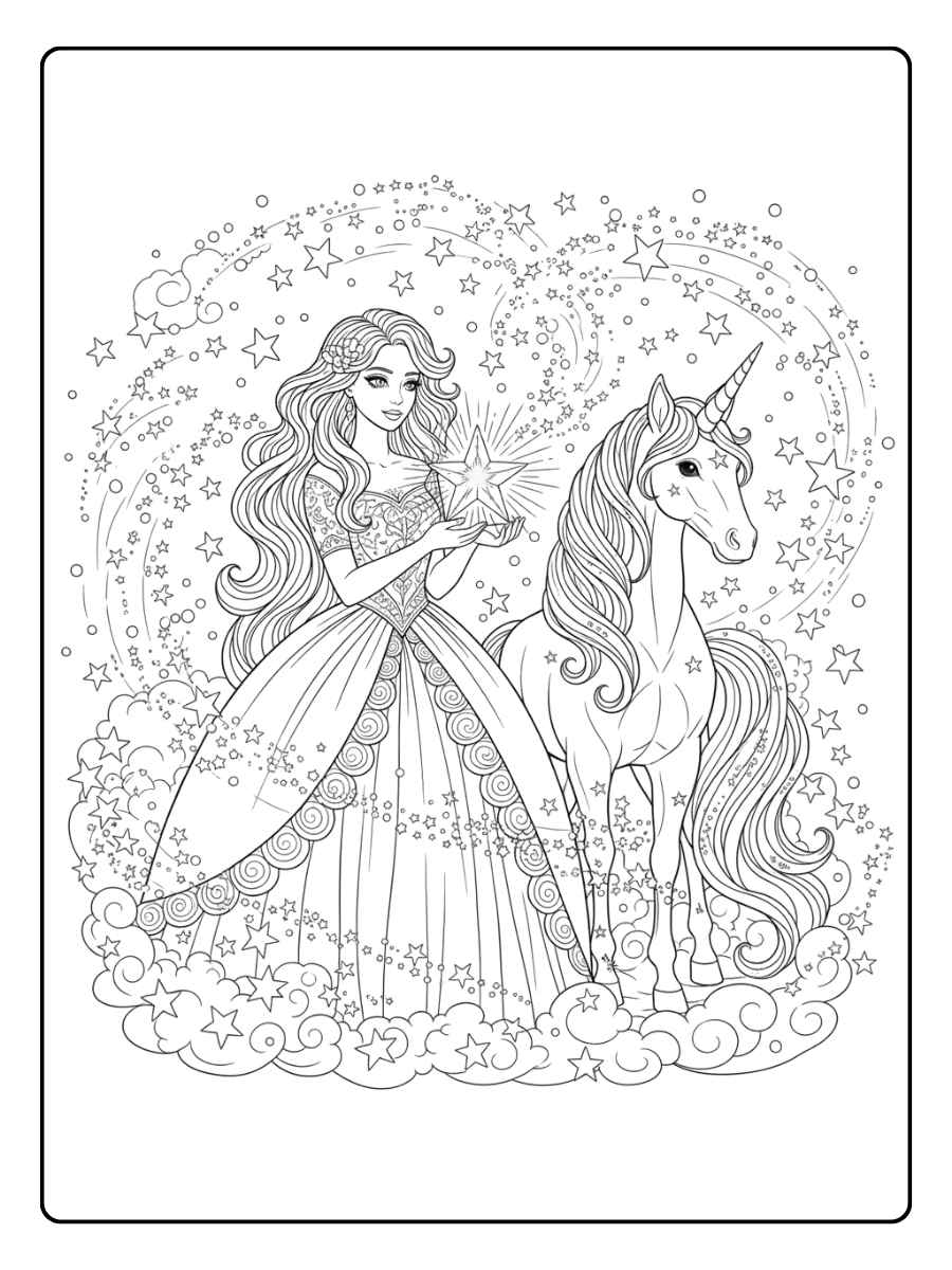 ausmalbild einhorn prinzessin und funkelnde sterne