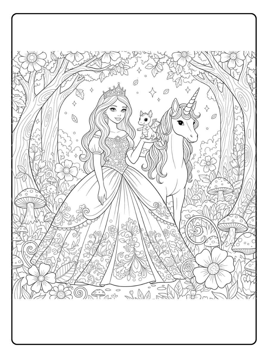 ausmalbild einhorn prinzessin und ihr kleiner drache