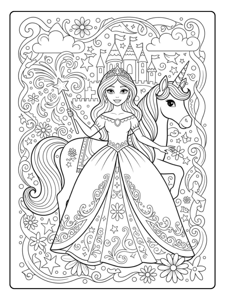 ausmalbild einhorn prinzessin und ihre freunde