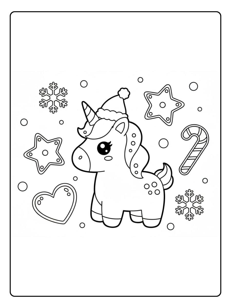 ausmalbild einhorn weihnachten cartoon stil
