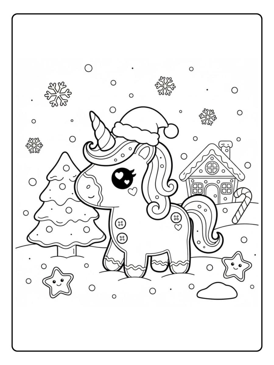 ausmalbild einhorn weihnachten im schnee