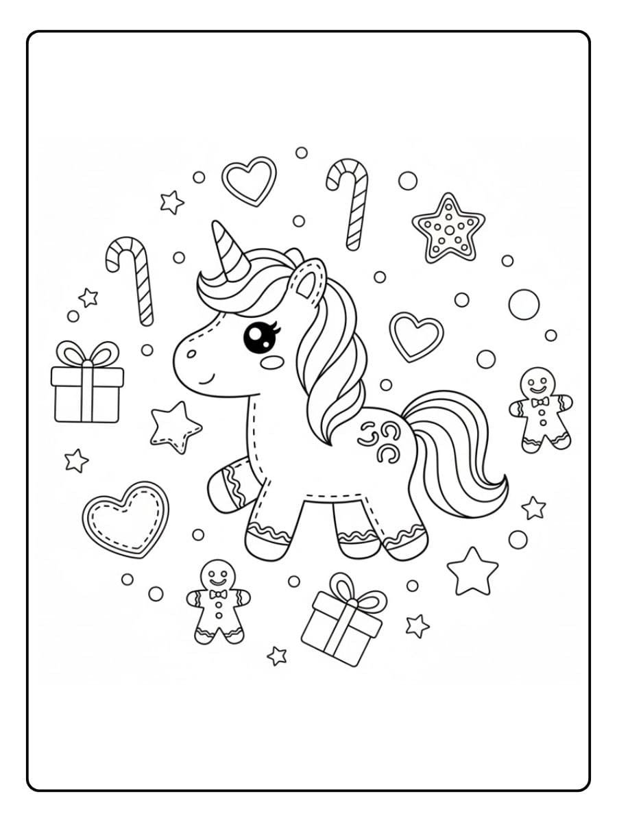 ausmalbild einhorn weihnachten mit geschenken