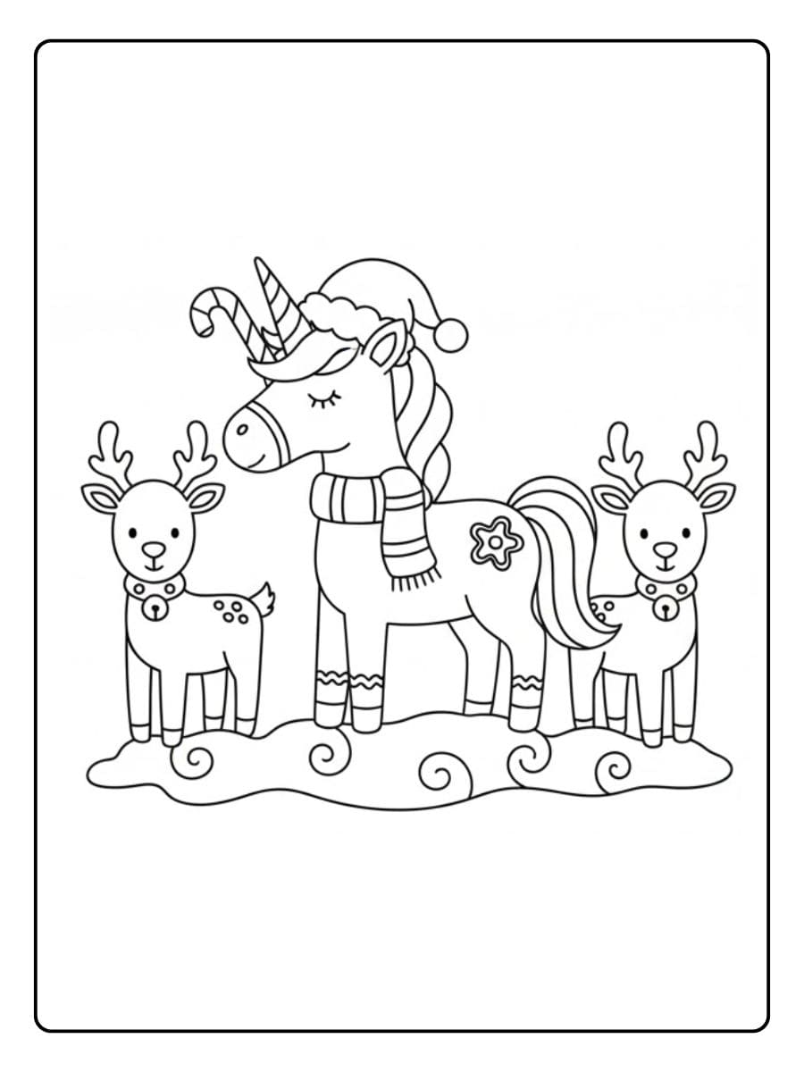 ausmalbild einhorn weihnachten mit rentieren