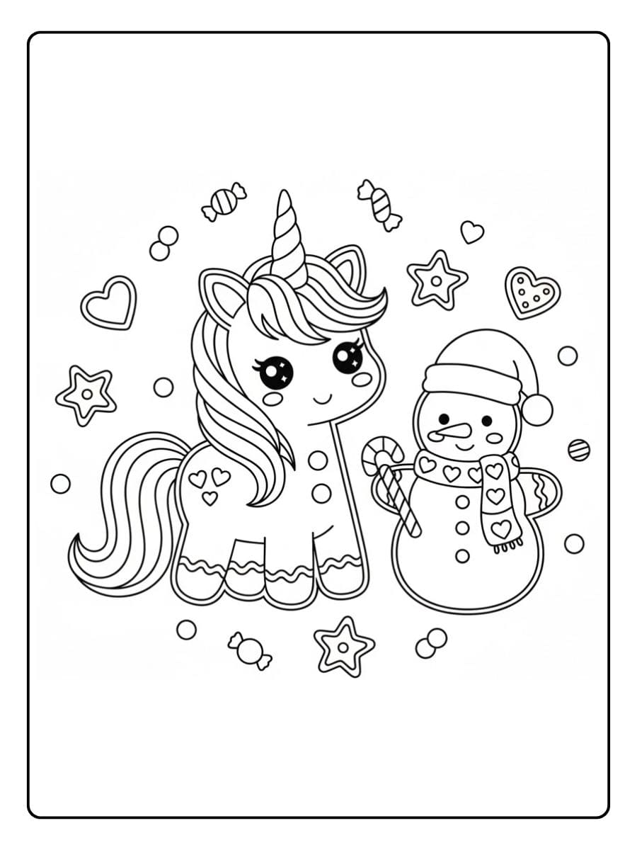 ausmalbild einhorn weihnachten mit schneemann
