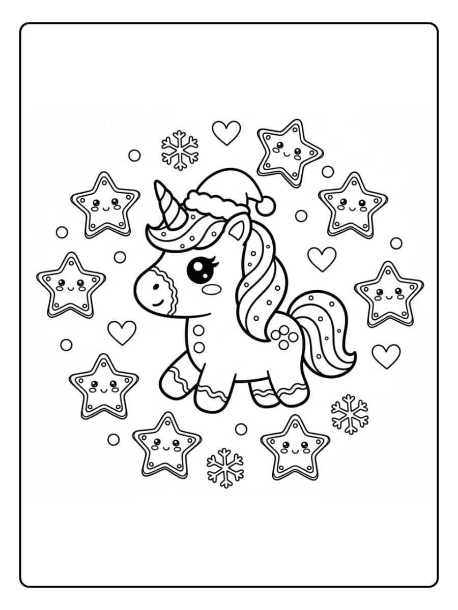 ausmalbild einhorn weihnachten mit sternen