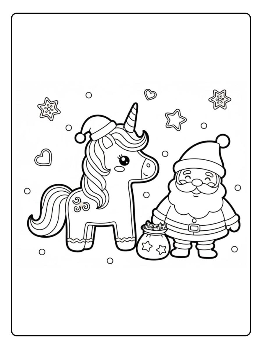 ausmalbild einhorn weihnachten mit weihnachtsmann