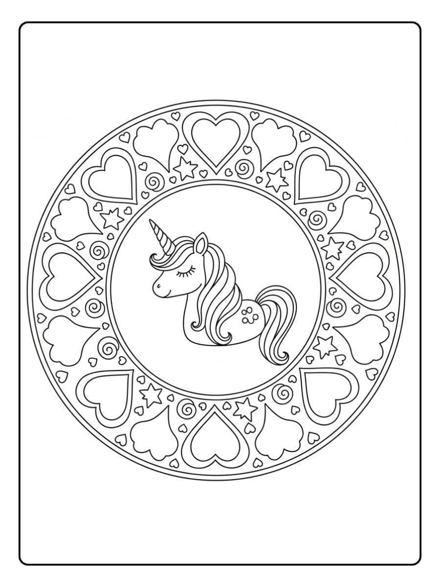 ausmalbilder einhorn mandala mit sternen und herzen