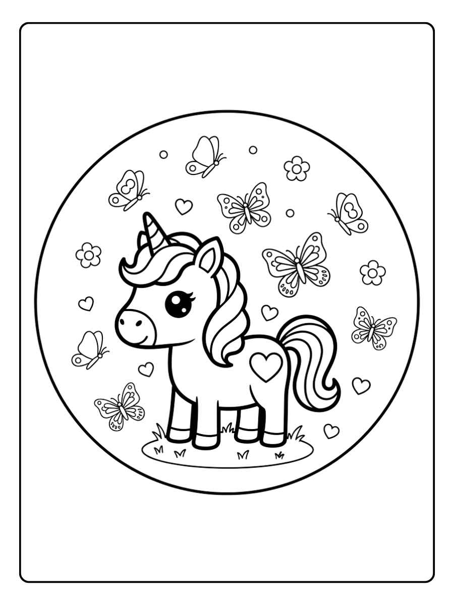 einhorn ausmalbild einfach mit schmetterlingen