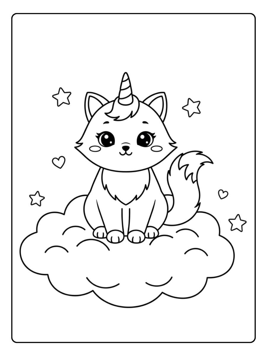 einhorn katze ausmalbild auf einer wolke