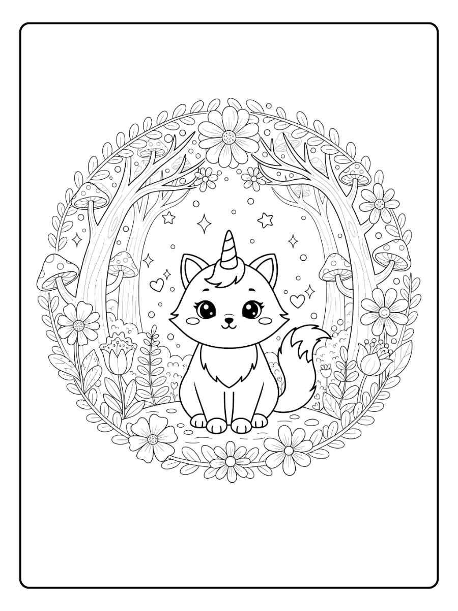 einhorn katze ausmalbild im zauberwald