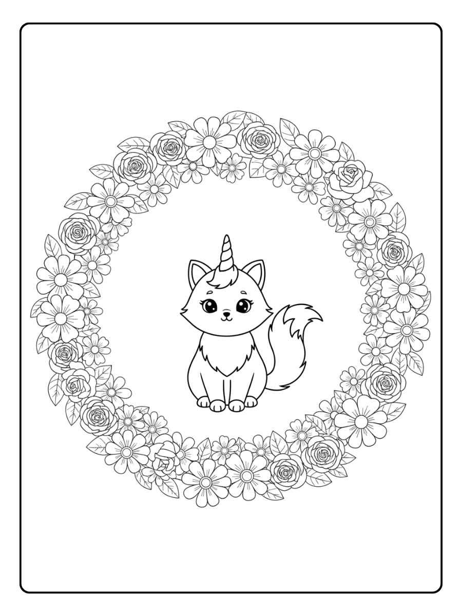 einhorn katze ausmalbild mit blumenkranz